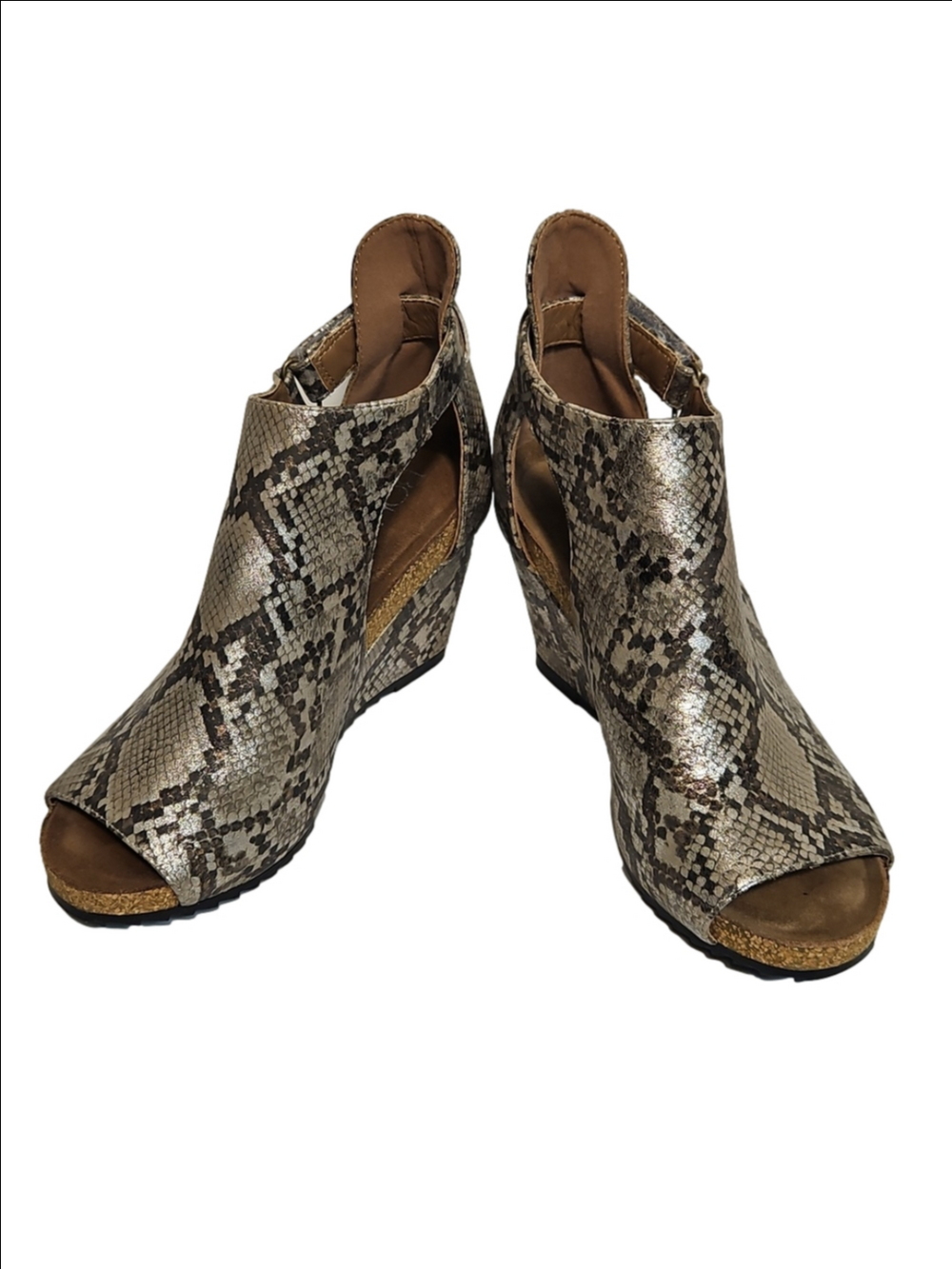 Corkys Wedge Peep-Toe Shoes - Metallic Brown Snakeskin Size 7